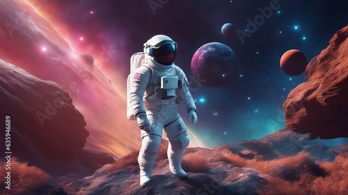 Astronaut standing on an asteroid against the background of the planets and stars of space