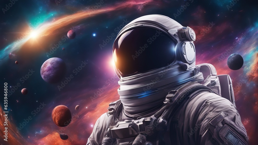 Large portrait of an astronaut wearing a helmet with black impenetrable glass against a background of starry nebulae and planets of the cosmos Large portrait of an astronaut wearing a helmet with black impenetrable glass against a background of starry nebulae and planets of the cosmos