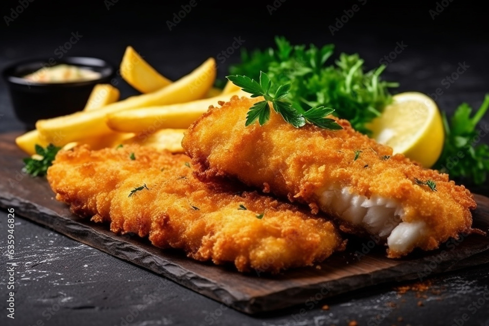 Fried fish and french fries on black stone background