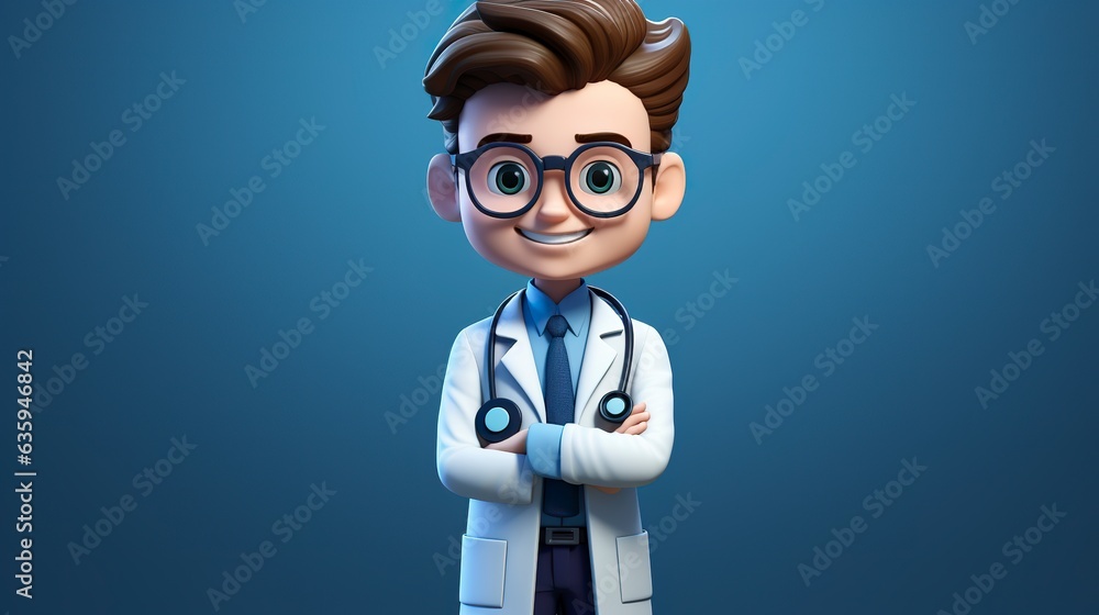 Adorable 3D doctor character set against a blue backdrop. Doctor cute character smiling. Adorable 3D doctor character set against a blue backdrop. Doctor cute character smiling.