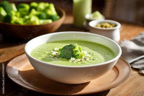 Broccoli Soup on white ceramic bowl on wooden table