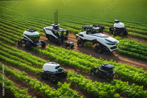 Agriculture robotic and autonomous car working in smart farm, Future 5G technology with smart agriculture farming concept