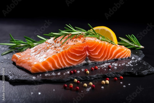 Salmon on black stone background