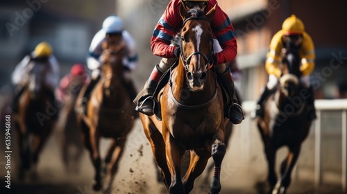 Two jockeys compete to win the race. Horse racing. © Dushan