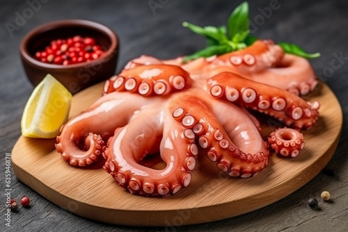 Fresh raw squid with ingredients on wooden background