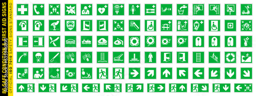 Stampa su tela Full set of 86 isolated Safe condition and first aid symbols on green board