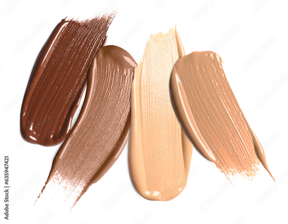 Foundation of various shades for different skin tones isolated on white, top view. Set of samples Foundation of various shades for different skin tones isolated on white, top view. Set of samples