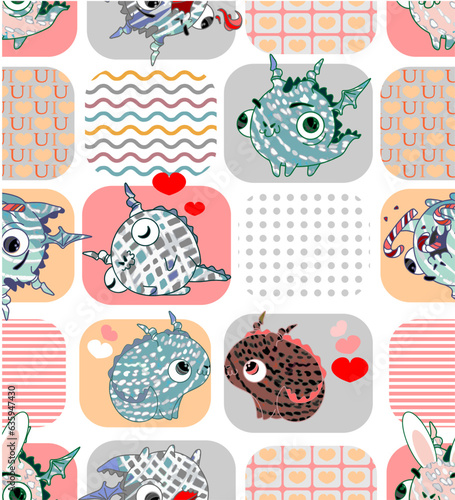 Checkered pattern with cute dragons on a white background. Vector.