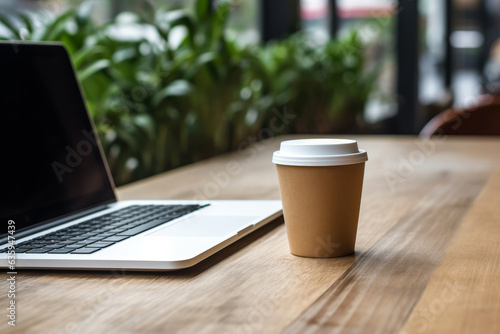 Coffee cup and laptop blank screen on wooden table in coffee shop blurred background.