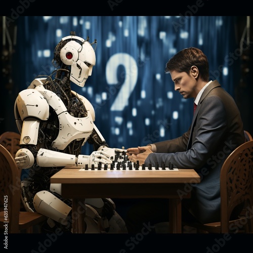 Man playing chess against a robot