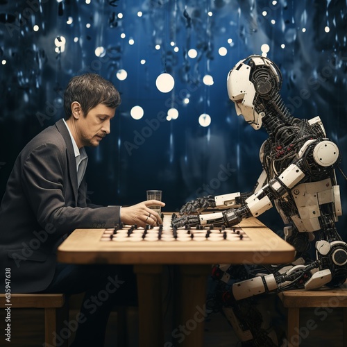 Man playing chess against a robot