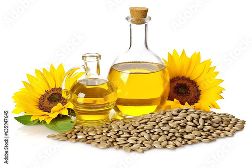 Sunflower oil and seeds isolated on white background