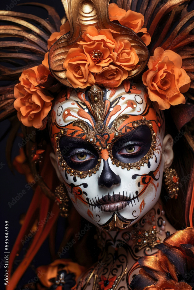 Generative AI illustration of a beautiful Mexican woman made up for the day of the dead