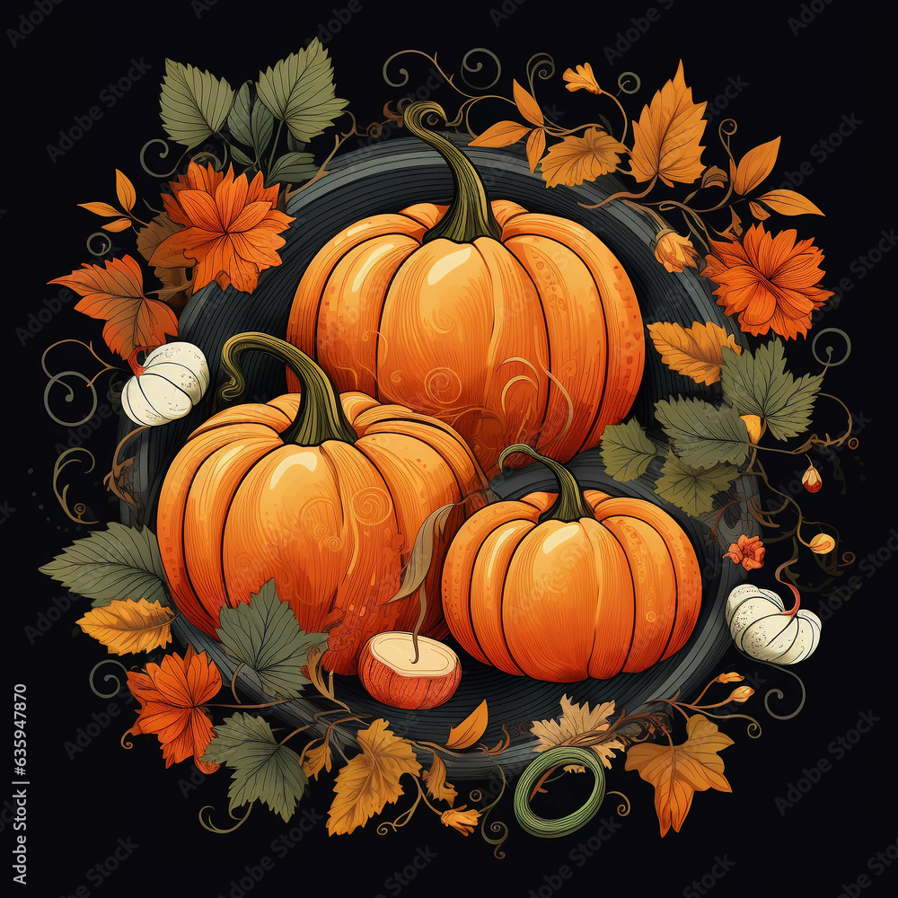 autumn leaves with pumpkins on a dark background. Perfect for textile, wedding, greeting card, pattern, texture and more autumn leaves with pumpkins on a dark background. Perfect for textile, wedding, greeting card, pattern, texture and more