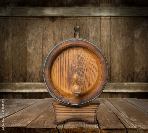 One wooden barrel on rack in cellar