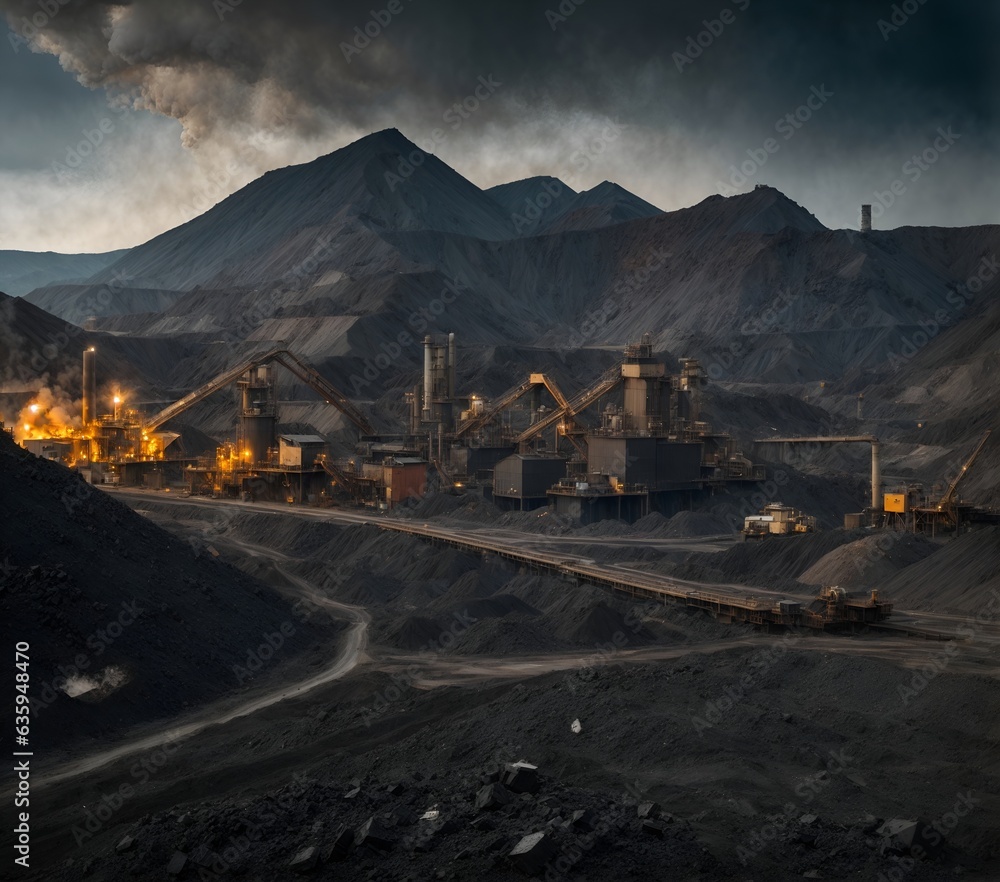 Fototapeta premium Coal and mineral extraction process from mines with many heavy trucks open pit mine industry