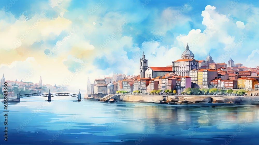  a painting of a city by the water with a bridge.  generative ai