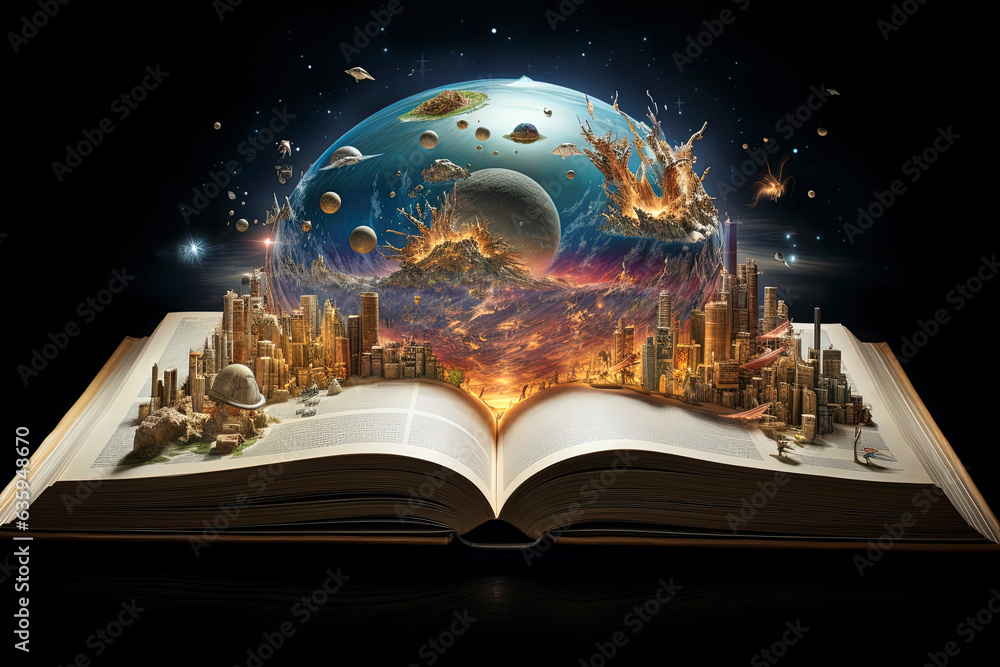 Obraz premium Generative AI book illustration with planet earth, green plants and sustainable forest