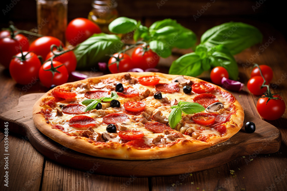 Pizza on wooden table background