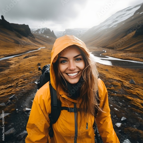 Radiant Bliss: Female Hiker's Smiling Journey through Icelandic Landscapes
