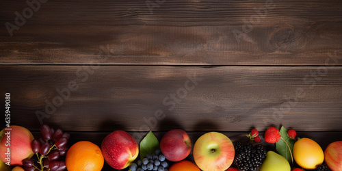 Selection of fruit along the bottom of a wooden table with space for copy