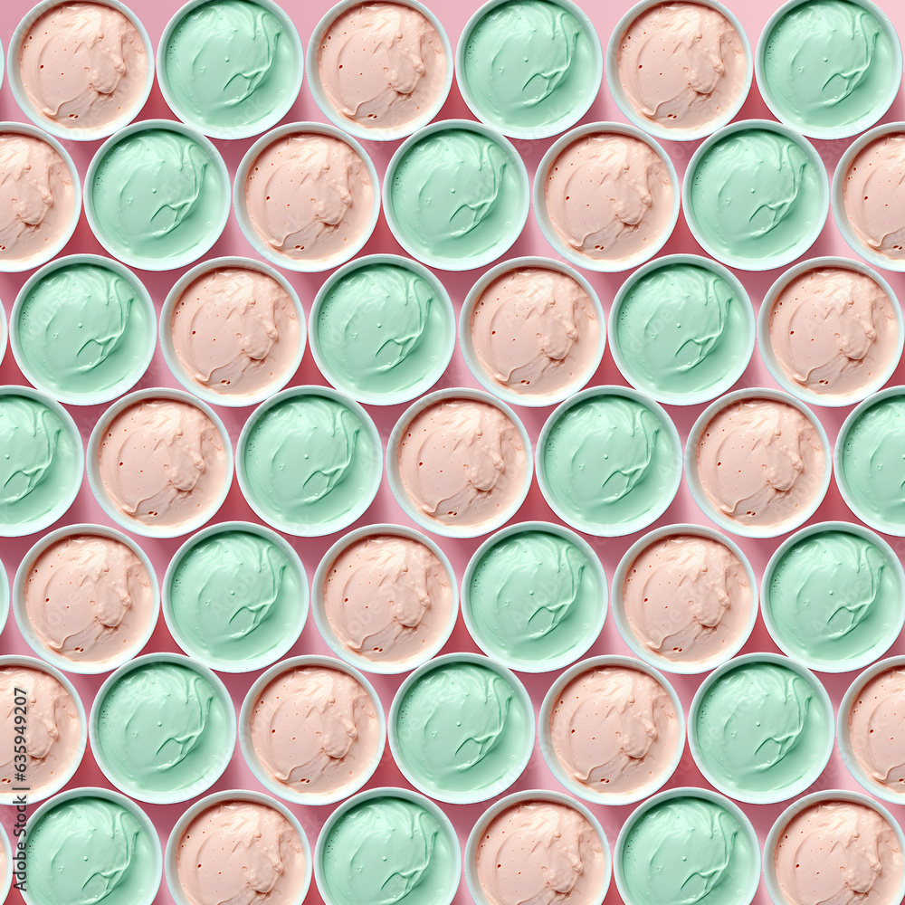 Paper cups with ice cream, fruit flavors, summer holiday pattern, mint green and dusty rose colors