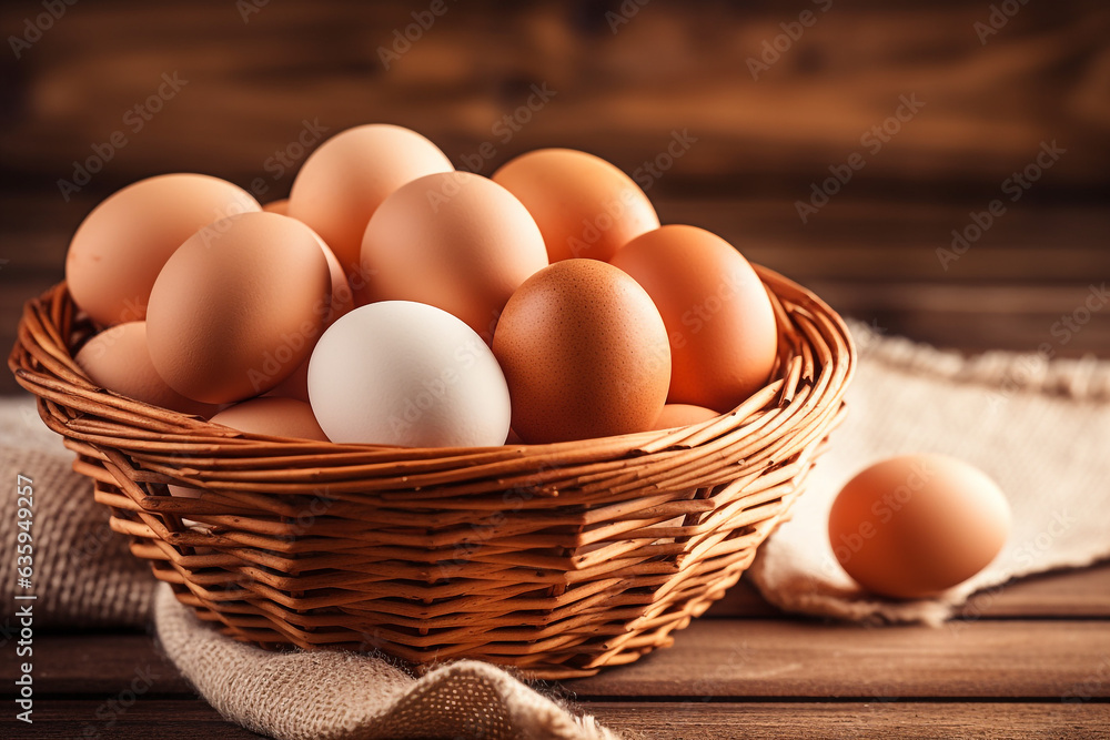Fresh Chicken eggs in basket on wooden background Fresh Chicken eggs in basket on wooden background