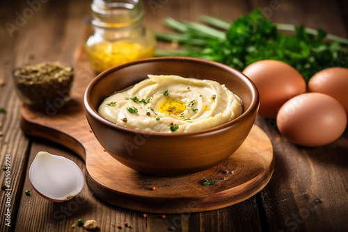 Mayonnaise in wooden bowl with eggs on old wooden background