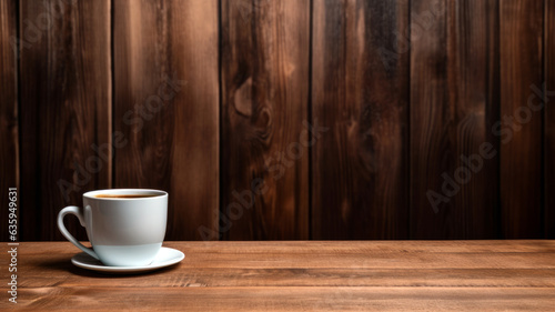 Coffee cup on wooden table and wooden wall background with copy space. High quality photo