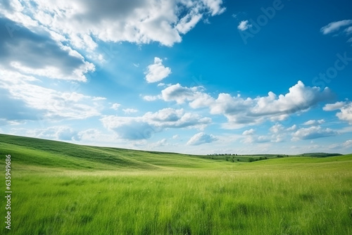 Green meadows on hill with blue sky