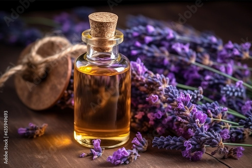 Essential oil bottle with fresh lavender on wooden background