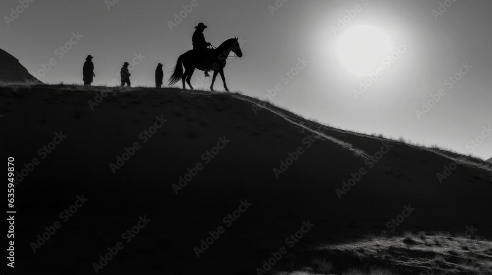 Cowboy with horse in the desert. Black and white photography. Generative AI