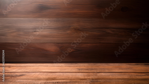 Close up of a empty wooden table, highlighting its detailed texture with dark brown wooden wall background with empty space for text. High quality photo