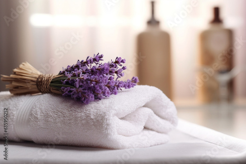 White towels with dry lavender flower in a bathroom