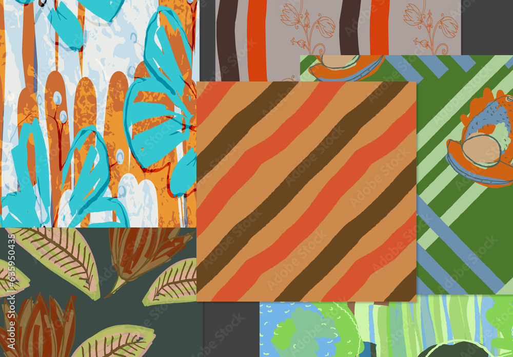 Seamless Pattern Set with Hand Drawn Floral Elements Stock Template ...