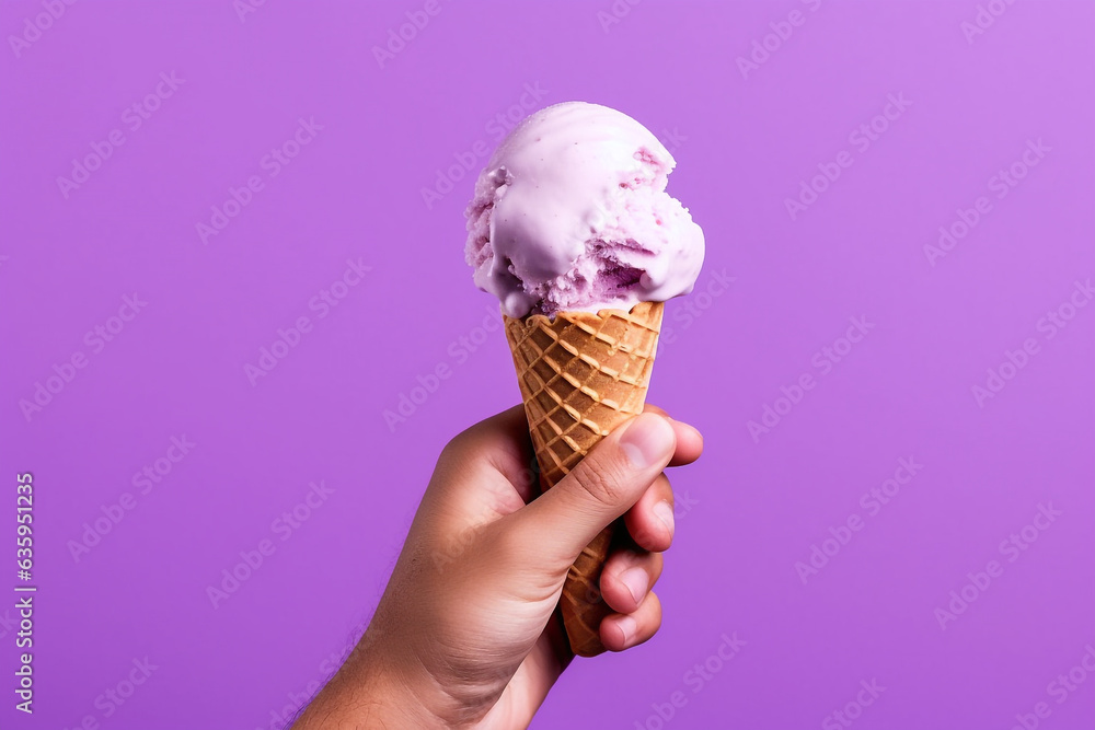 Hand holding ice cream on purple background