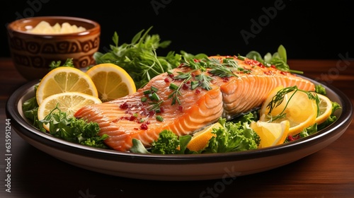  a plate of salmon with lemons, greens, and a bowl of sauce. generative ai