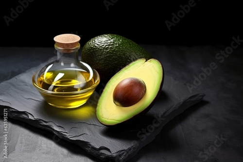 Avocado oil with fresh avocado on black stone background