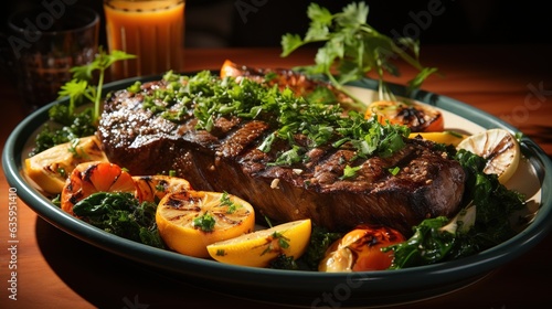  a plate of steak and vegetables with a glass of orange juice. generative ai