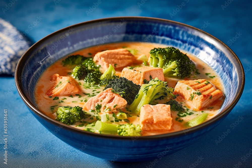 Salmon soup with broccoli on  bolw