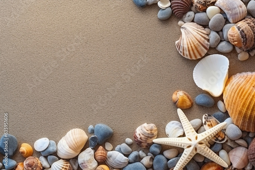 Top view of sandy beach with shells and starfish