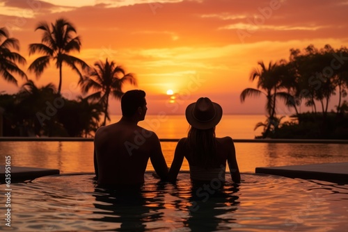 Silhouette of man and woman relaxing in swimming pool at sunset. Background With a Copy Space. Honeymoon Concept.