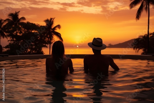 Silhouette of man and woman relaxing in swimming pool at sunset. Background With a Copy Space. Honeymoon Concept. © John Martin