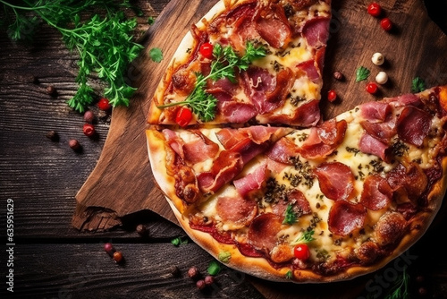 Pizza with bacon and herbs on wooden background