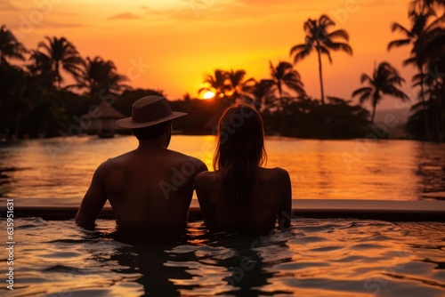 Silhouette of young couple relaxing in swimming pool at beautiful sunset. Background With a Copy Space. vacation Concept. © John Martin