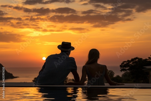 Silhouette of a man and woman sitting on the edge of a swimming pool at sunset. Background With a Copy Space. vacation Concept.