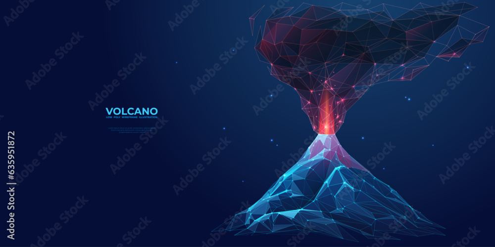 Abstract digital volcano with smoke and lava. Volcanic eruption on technology blue background. Low poly wireframe vector illustration with 3D effect. Polygonal mountain. Natural disaster concept. - obrazy, fototapety, plakaty 