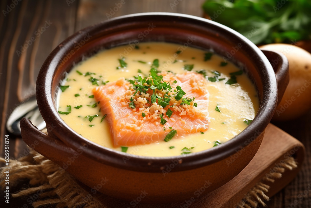 Cheese soup with salmon on wooden background