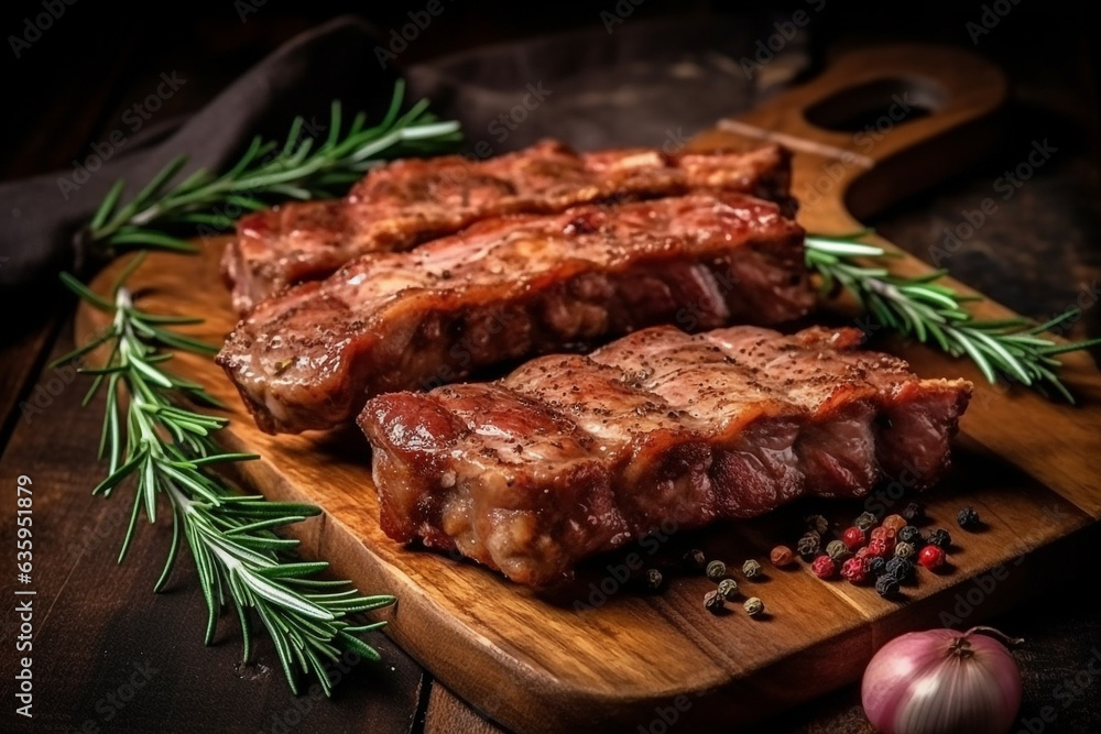 Fresh grilled pork with rosemary on a wooden background