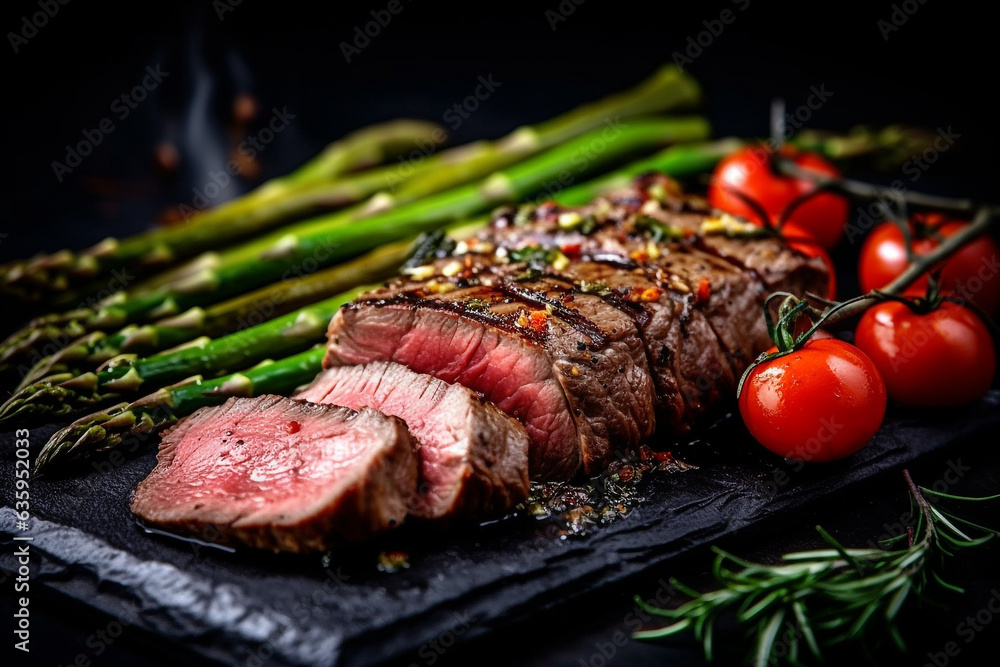 Roast beef with asparagus, tomatoes and herb on black background